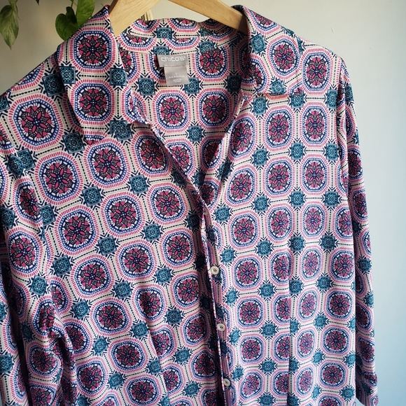 Chico's Medallion Midi Button Down  Shirt Dress Printed 1 Stretch Medium - Picture 4 of 13